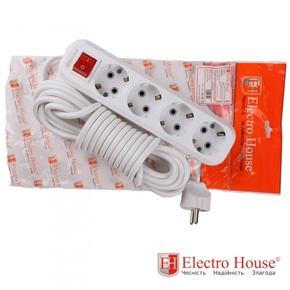 Удлинитель Electrohouse 4 гнезда с/з с кнопкой, длина 3 м.